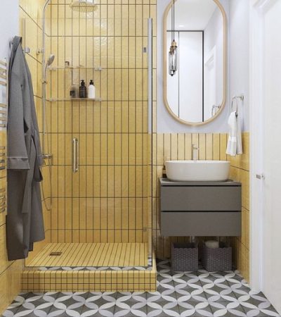 Kollase ja halliga vannituba