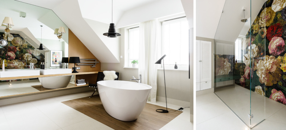 Mosaiik, disainiklassika ning tervet seina kattev peegel ekslusiivne vannituba